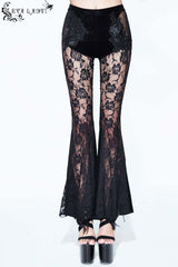 Black Side Bead Chain Flowers Splice Rose Pattern Lace Embossed Women's Gothic Knitted Flare Trousers - Black - 1