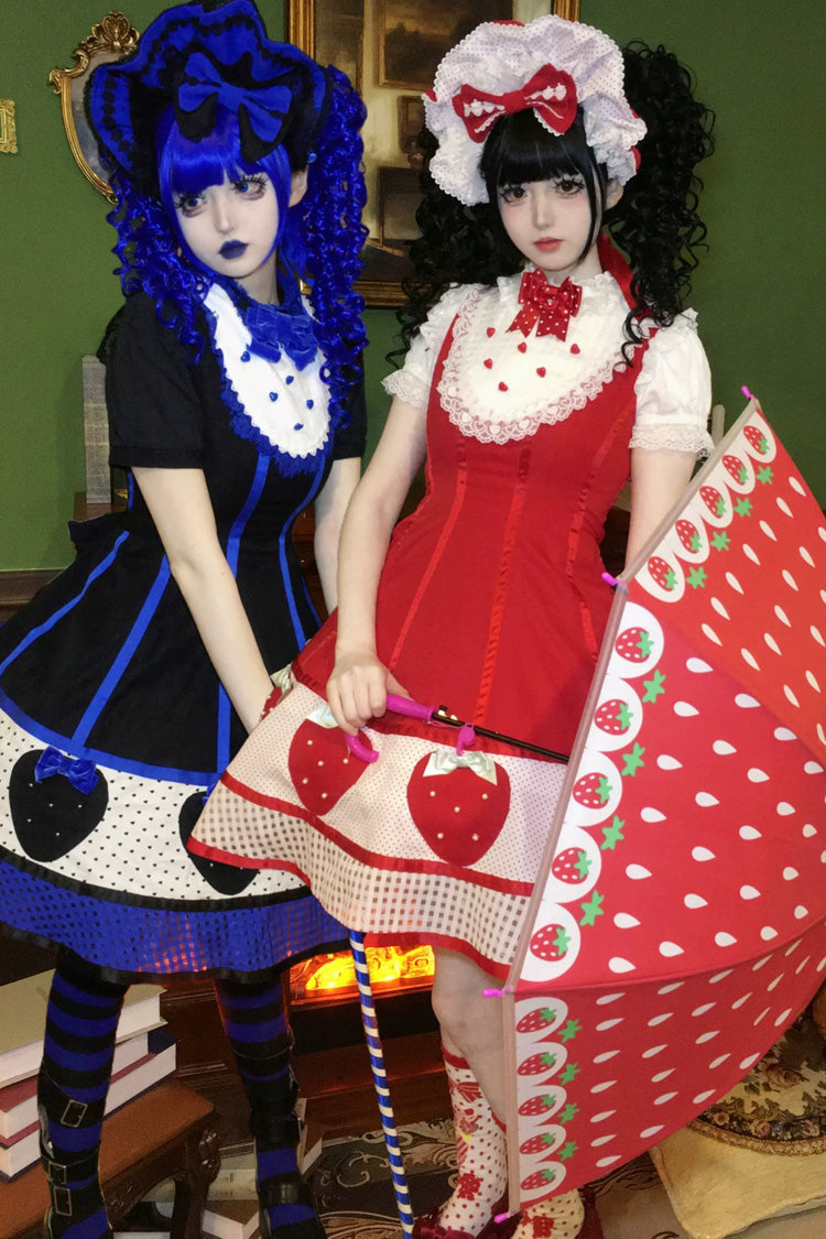 [Miss Peculiar Strawberry] Stand Collar Sleeveless Printed Bow Sweet Lolita Dress 2 Colors (Red, Blue/Black) - Product - 2