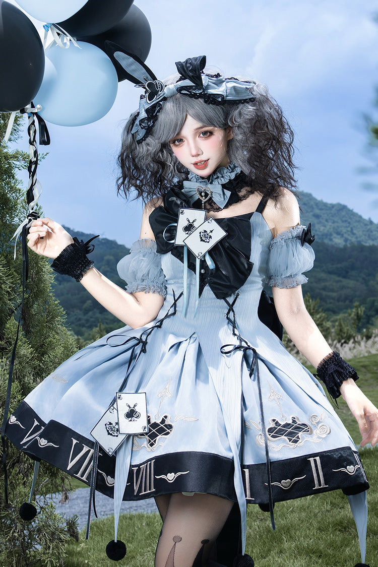 Blue [The Clock Rabbit's Card Game] Sleeveless Jacquard Ruffled Embroidered Bow Lace-Up Gothic Lolita Jsk Dress - Blue(Set) - 1