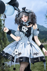 Blue [The Clock Rabbit's Card Game] Sleeveless Jacquard Ruffled Embroidered Bow Lace-Up Gothic Lolita Jsk Dress - Blue(Set) - 1