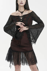 Red Elastic Texture One-Shoulder Hem Splicing Lace Bell Sleeve Women's Gothic Dress - Red - 1