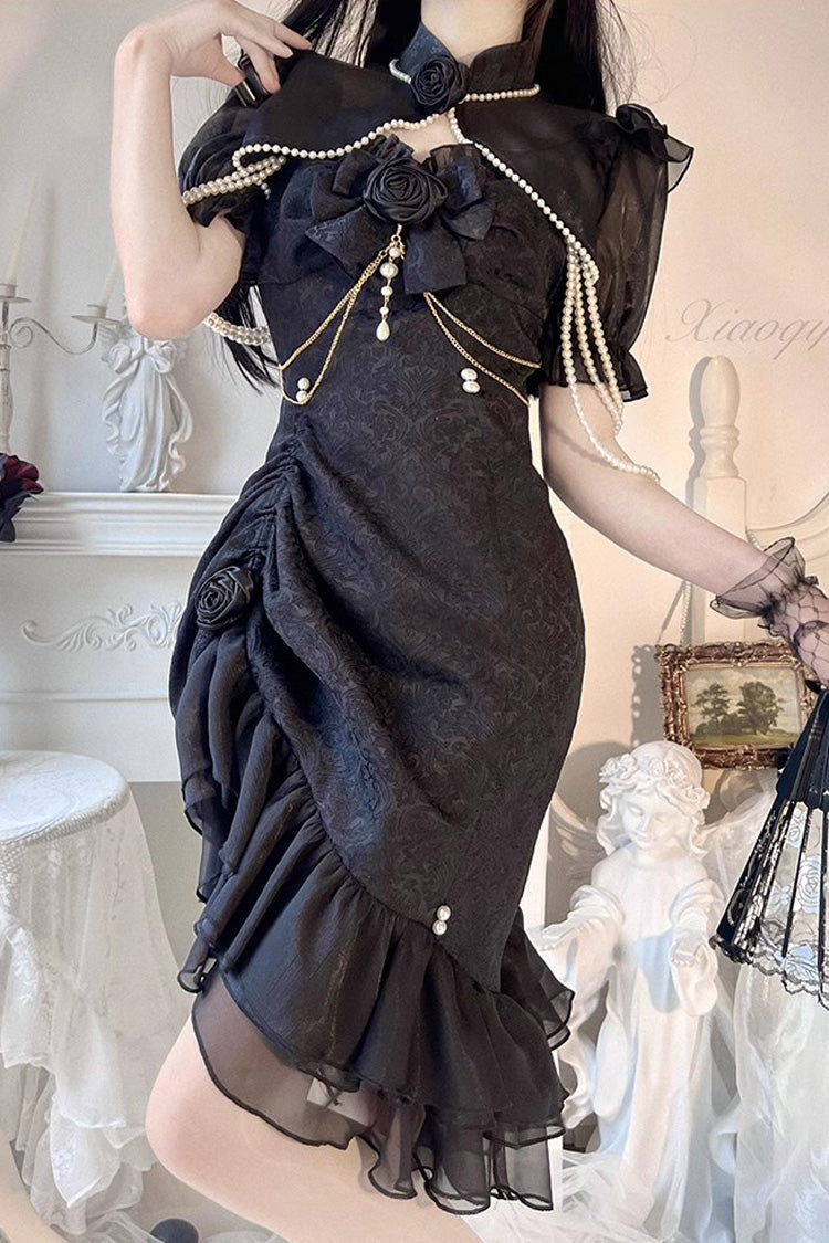 Camellia Rose Ruffle Asymmetric Gothic Chinese Style Elegant Lolita Jsk Dress 3 Colors - Product - 5