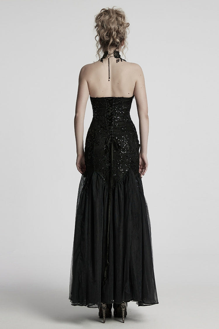 Black Off Shoulder Embroidery Lace Slim Women's Gothic Gown Fishtail Dress - Product - 3