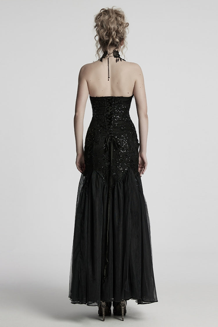 Black Off Shoulder Embroidery Lace Slim Women's Gothic Gown Fishtail Dress - Product - 3