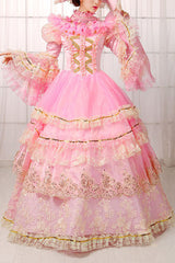 Pink Trumpet Sleeves High Waisted Hollow Embroidery Print Multi-Layer Victorian Lolita Prom Dress - Pink - 1