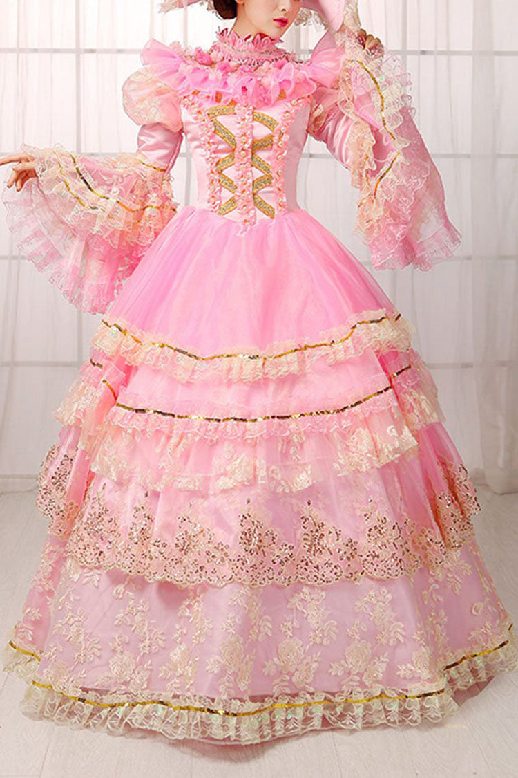 Pink Trumpet Sleeves High Waisted Hollow Embroidery Print Multi-Layer Victorian Lolita Prom Dress - Pink - 1