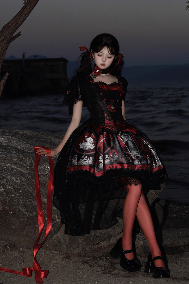 Red [Dark Moon Corridor] Print Embroidery Gothic Lolita Dress Skirt - Product - 6