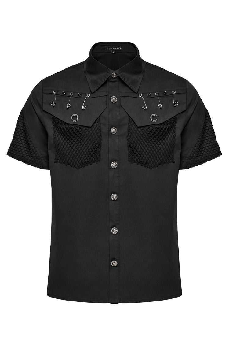Black Lapel Collar Short Sleeves Mesh Stitching Men's Punk Blouse - Product - 5