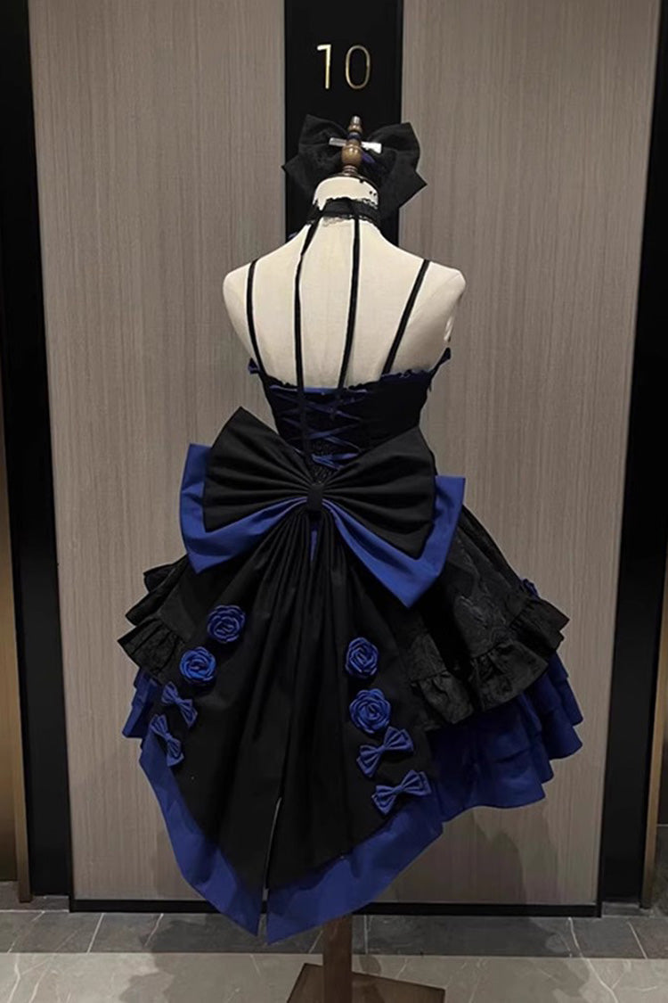 Black/Blue Print Ruffle Bowknot Gothic Princess Lolita Jsk Dress - Product - 3