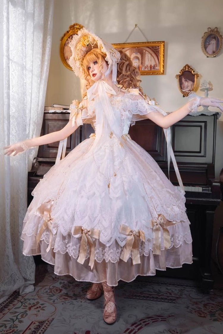 Yellow [Glazed Phantom] Off Shoulder Ruffle Hanayome Bowknot Lace Sweet Elegant Lolita Dress - Product - 2
