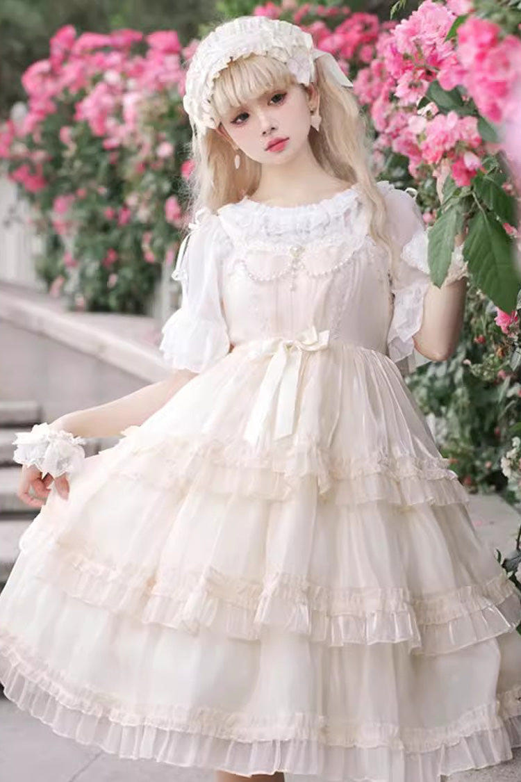 Star Gauze Romance Multi-layer Ruffle Bowknot Sweet Elegant Princess Lolita Jsk Dress 2 Colors - Apricot - 1