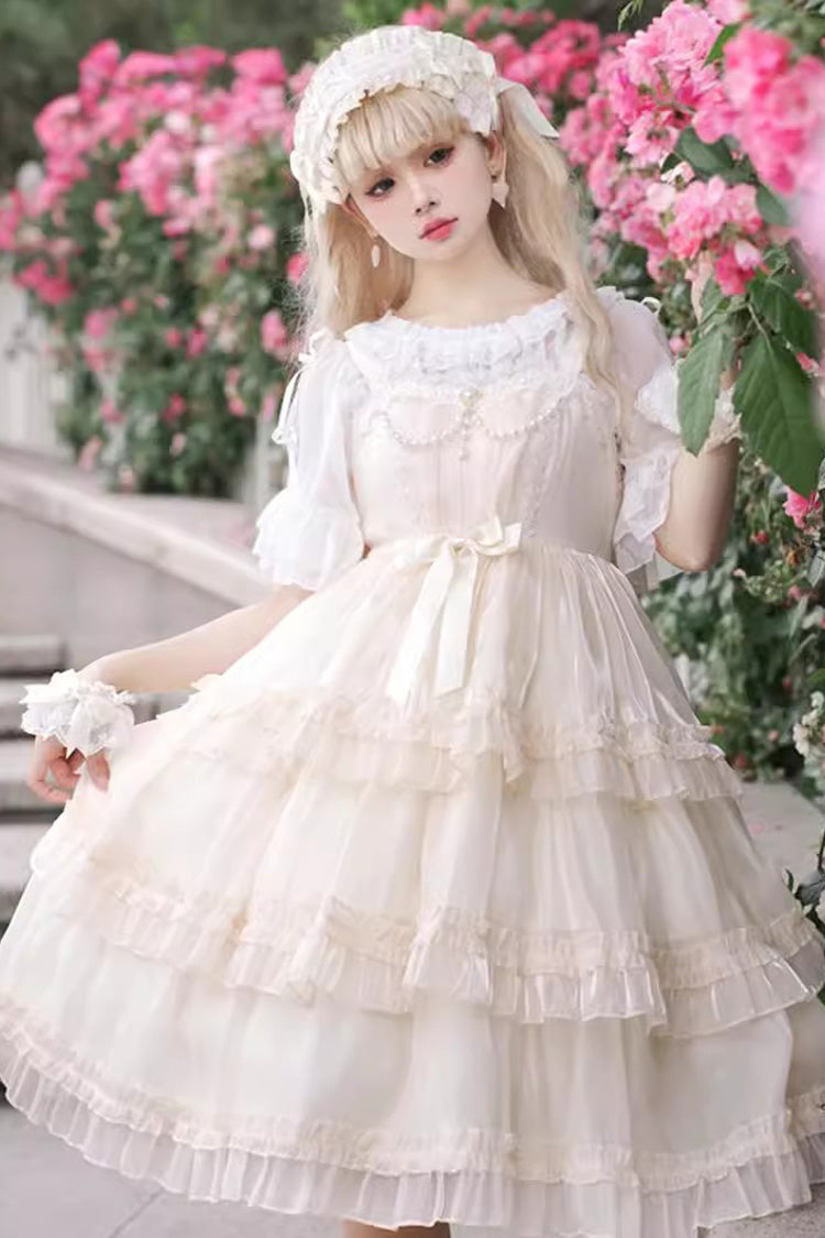 Star Gauze Romance Multi-layer Ruffle Bowknot Sweet Elegant Princess Lolita Jsk Dress 2 Colors - Apricot - 1