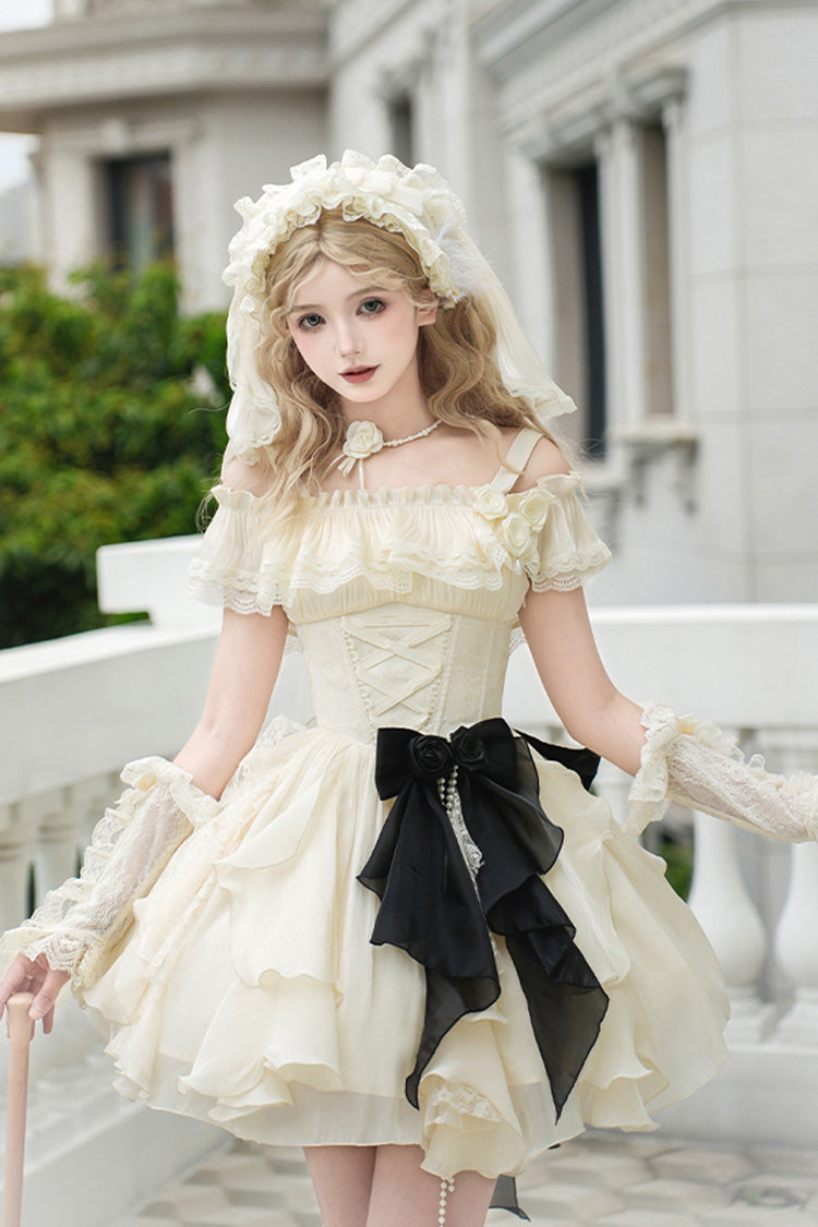 Ivory [Moonlight Variations] Sleeveless Ruffle Lace-Up Sweet Lolita Jsk Short Dress - Ivory - 1