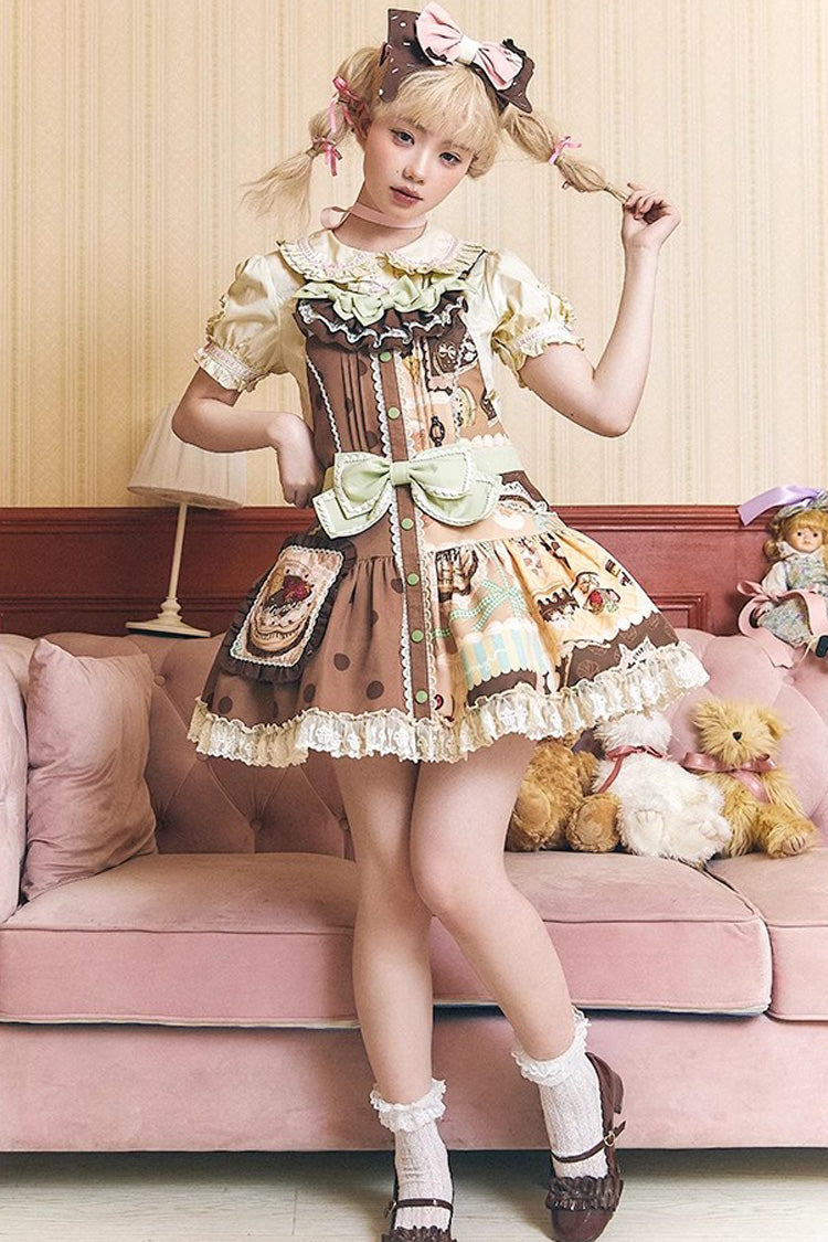 Brown Cake Chocolate Dessert Print Ruffle Bowknot Sweet Lolita Strap Dress - Product - 2