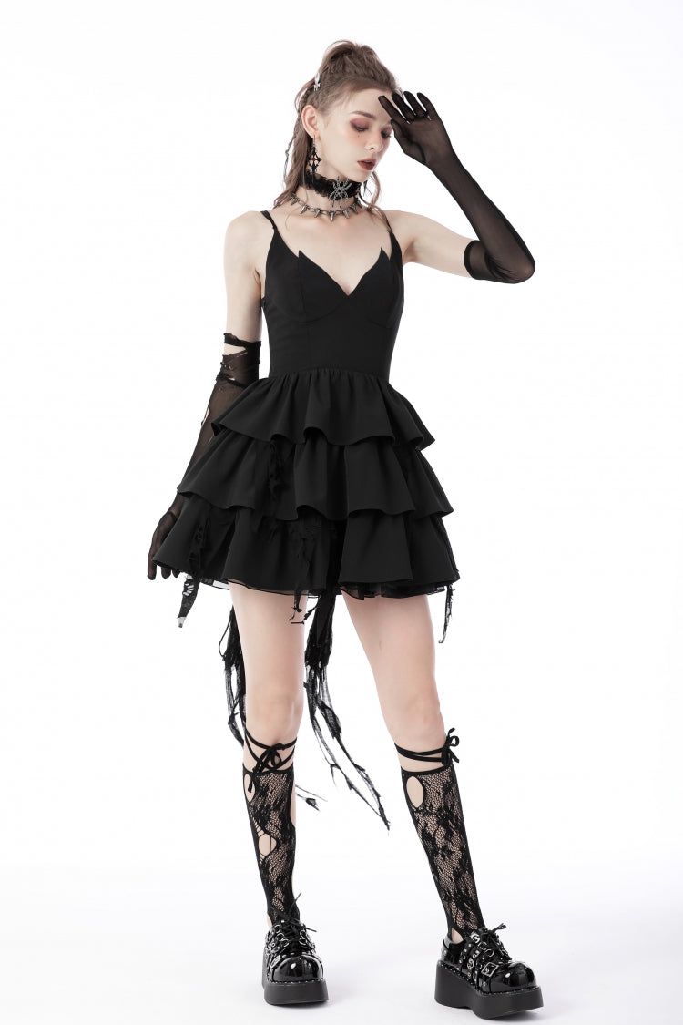 Black Little Devil Sleeveless Multi-Layered Lace-Up Women's Punk Slip Graduation Dress - Product - 6