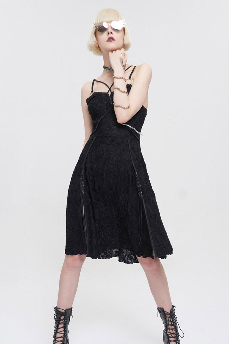 Black Punk Suspenders Slit Hem Wave Stretch Fabrics Women's Dress - Product - 4