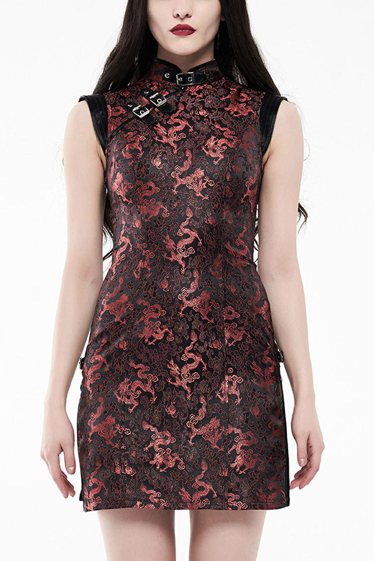 Jacquard Dragon Print Slim Women's Gothic Cheongsam Dress 2 Colors - Black/Red - 6