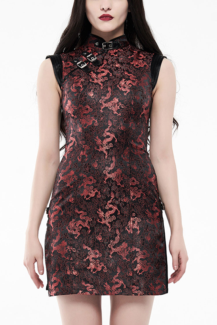Jacquard Dragon Print Slim Women's Gothic Cheongsam Dress 2 Colors - Black/Red - 6