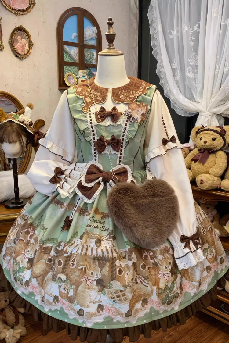 Green [Squirrel Chocolate Shop] Doll Collar Long Sleeves Printed Ruffled Bow Sweet Lolita Dress - Product - 3