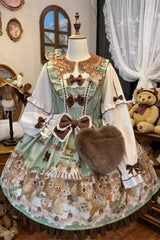 Green [Squirrel Chocolate Shop] Doll Collar Long Sleeves Printed Ruffled Bow Sweet Lolita Dress - Product - 3