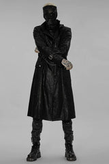 Black Stand Collar Print Asymmetric Metal Chain Zip Mens Steampunk Coat - Product - 4