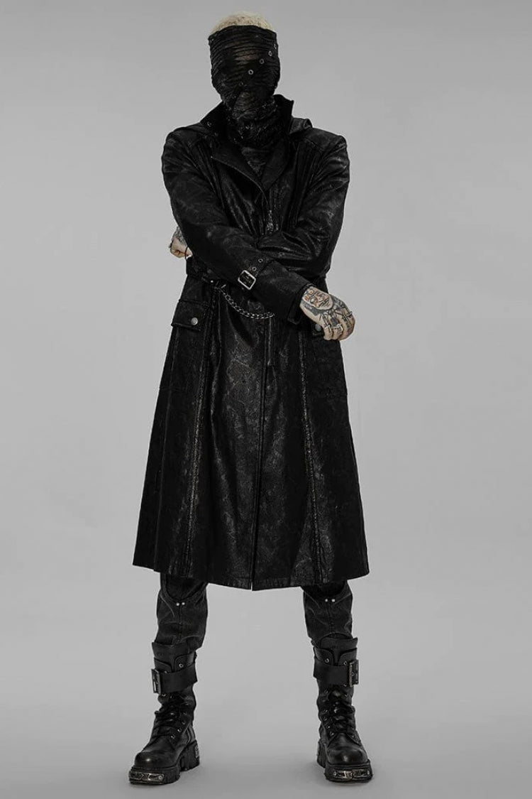 Black Stand Collar Print Asymmetric Metal Chain Zip Mens Steampunk Coat - Product - 4