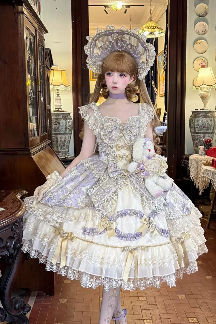 Purple [Gilded Waltz] Square Collar Sleeveless Printed Ruffled Embroidered Bow Lace Gorgeous Sweet Lolita Jsk Dress - Product - 4