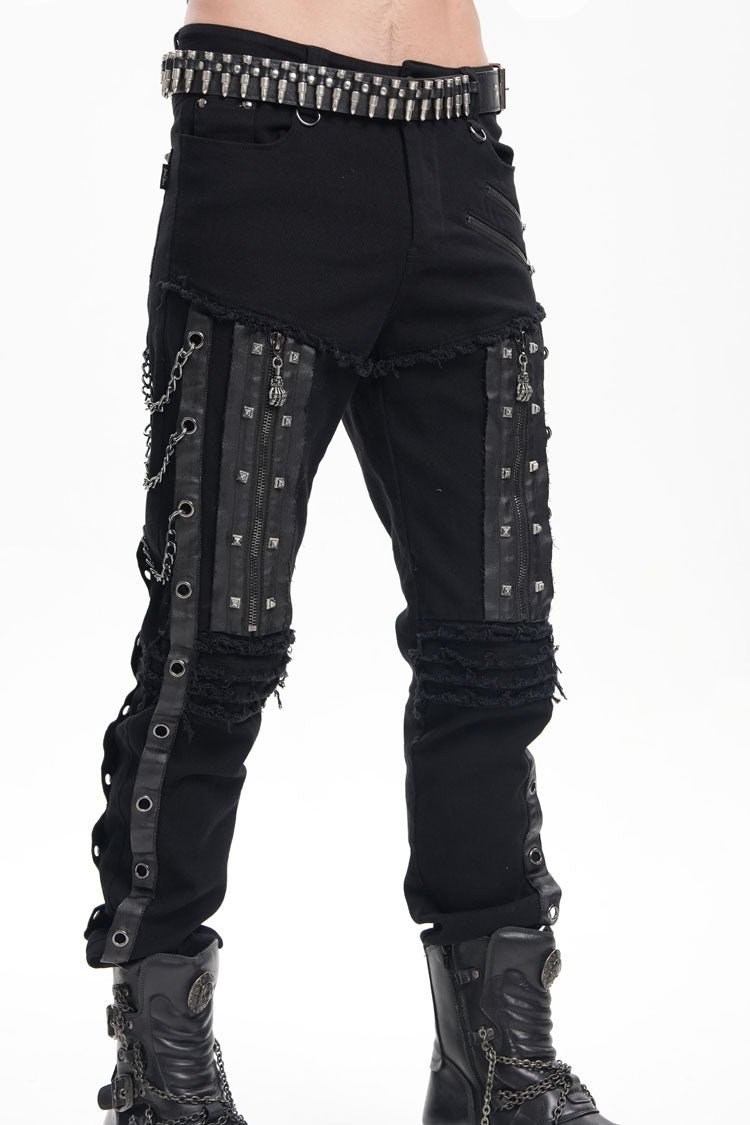 Black Stitching Eyelets Chains Studs Men's Gothic Pants - Product - 9