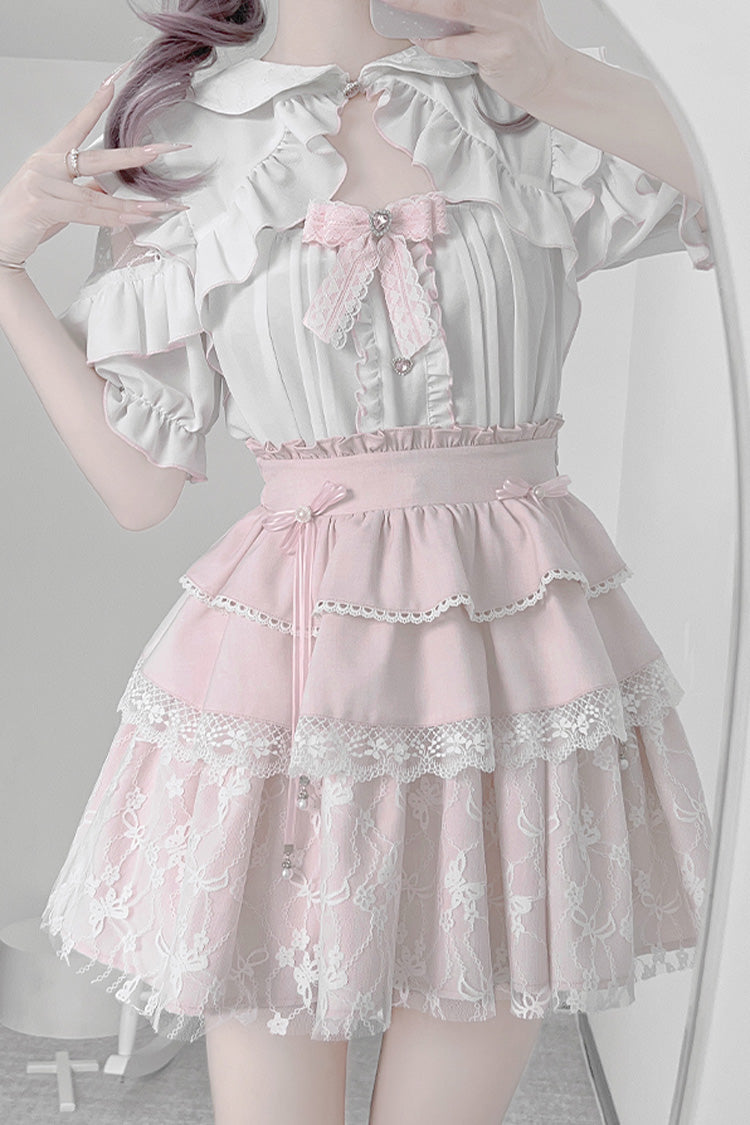 White/Pink Short Sleeves Triple-Layered Ruffle Bowknot Lace Jirai Kei Japanese Skirt Set - Product - 6