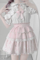 White/Pink Short Sleeves Triple-Layered Ruffle Bowknot Lace Jirai Kei Japanese Skirt Set - Product - 6