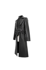 Black Stand Up Collar Waist Leather Hasp Leather Long Men's Punk Coat - Product - 6