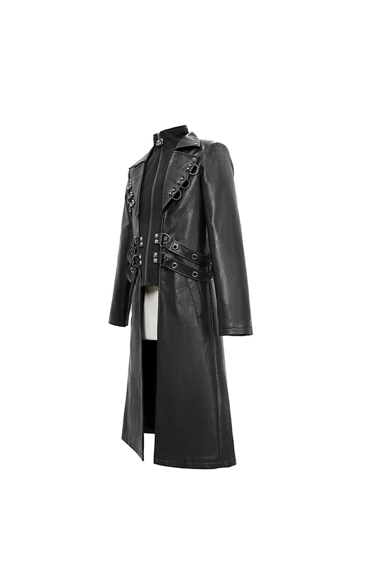 Black Stand Up Collar Waist Leather Hasp Leather Long Men's Punk Coat - Product - 6