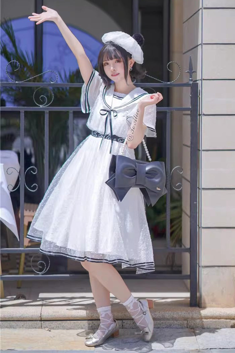 White [Seaside Sweetheart] Chiffon Navy Collar Short Sleeves Ruffled Lace-Up Slim Sailor Sweet Lolita Dress - Product - 4