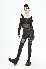 Black Sexy Mesh Spliced Off The Shoulder Long Sleeves Women Punk T-Shirt - Product - 5