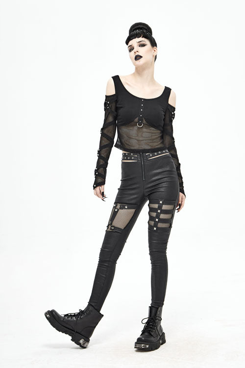 Black Sexy Mesh Spliced Off The Shoulder Long Sleeves Women Punk T-Shirt - Product - 5