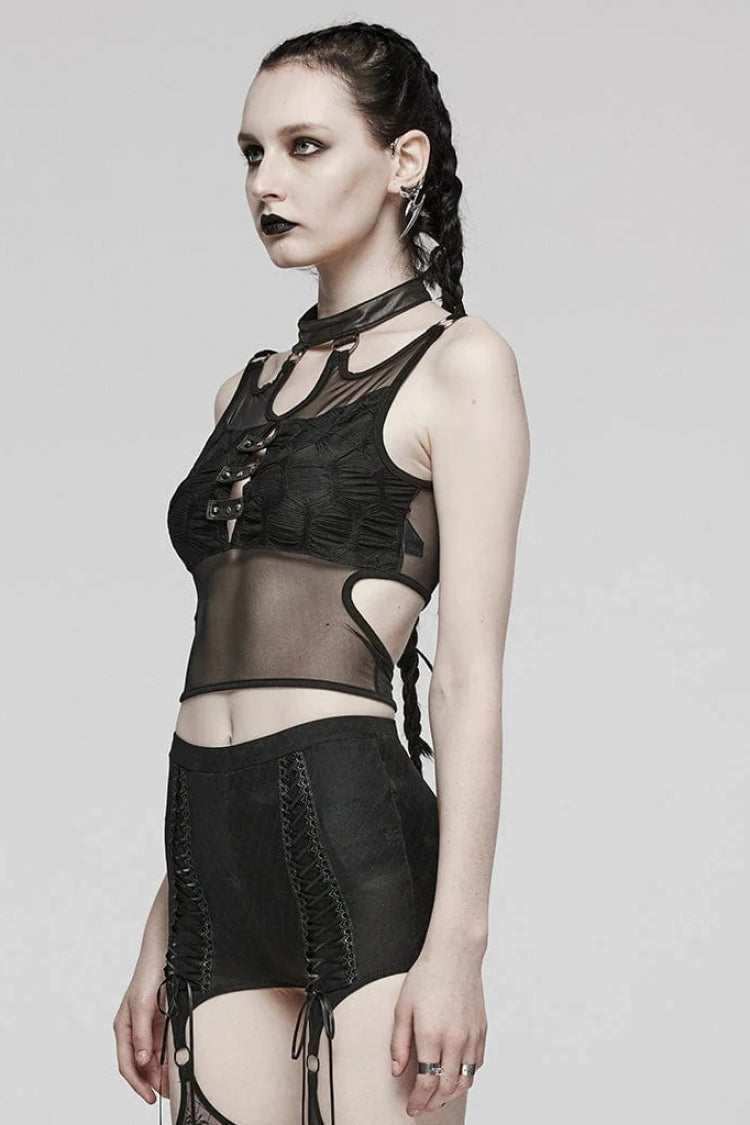 Black Sleeveless Hollow Stitching Mesh Cutout Ring Womens Steampunk Vest - Product - 2