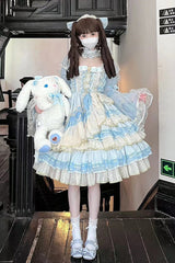 Blue Multi-Layered Ruffle Hanayome Bowknot Lace Sweet Princess Lolita Dress - Product - 3