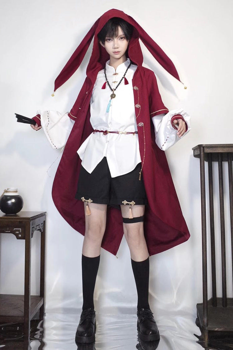Red/White/Black Stand Collar Long Sleeves Rabbit Ears Hooded Sweet Chinese Style Prince Ouji Lolita Robe Blouse Shorts Set - Red/White/Black - 1