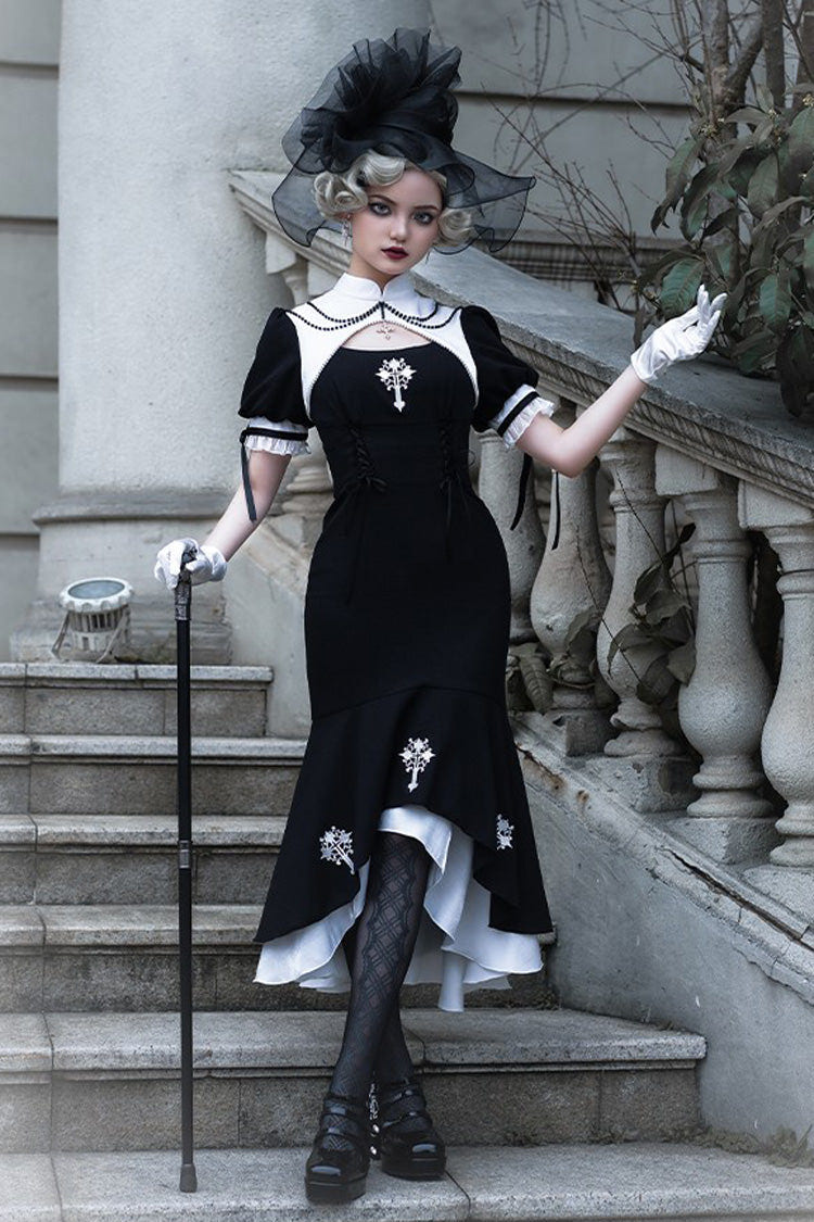 Black Nun Style Prayer for the Dead Stitching Lace Sheer Gothic Lolita Dress Two-piece Set - Product - 5