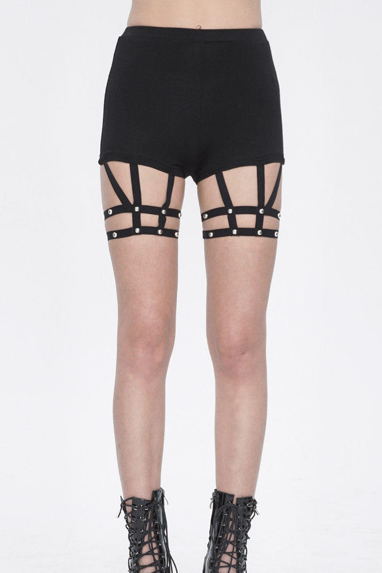 Black Spaghetti Straps Womens Steampunk Shorts - Black - 1