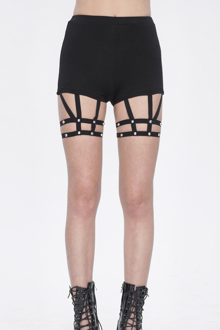 Black Spaghetti Straps Womens Steampunk Shorts - Black - 1