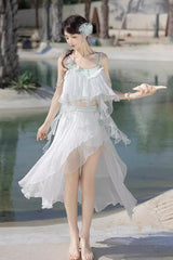 White Sleeveless Summer Beach Women's Lace Sweet Lolita Three-Piece Swimsuit Set - White(Set) - 1