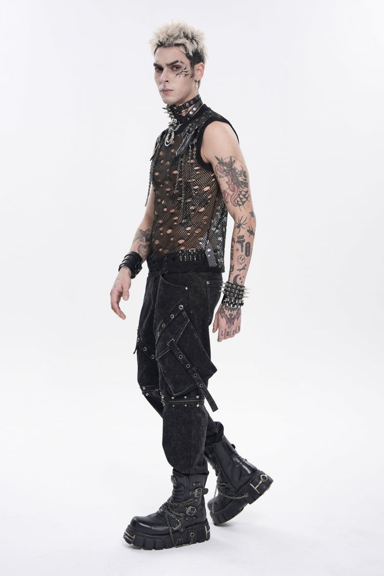 Black Round Collar Sleeveless Cut-Out Mesh Ripped Chain-Decorated Eyelet Men's Punk Cool Vest - Product - 5