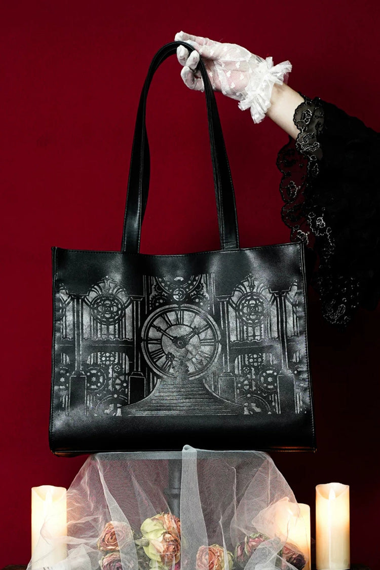Black [Clock Tower] Printed Gothic Lolita Handbag - Black - 1