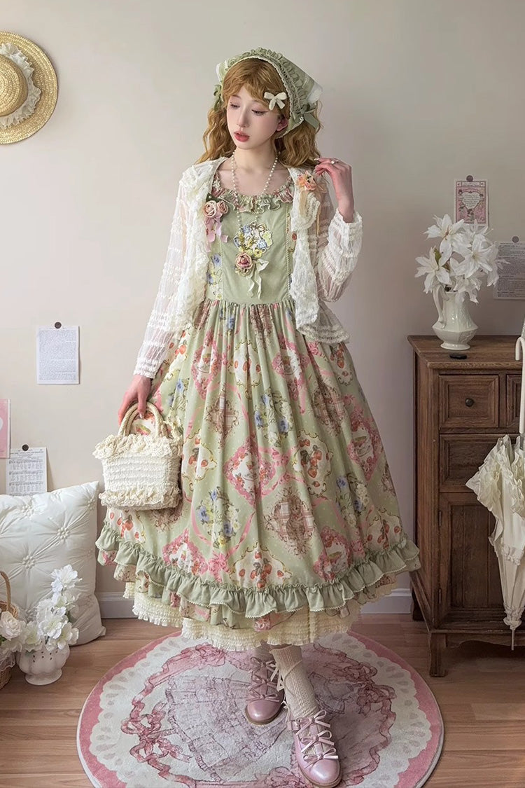Green [Cat Rose Tea] Sleeveless Print Ruffle Bowknot Sweet Lolita Jsk Dress - Product - 6