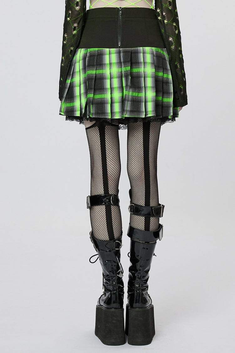 Black/Green Double Breasted Print Ruffle Lace Women's Steampunk Pleated Skirt - Product - 3