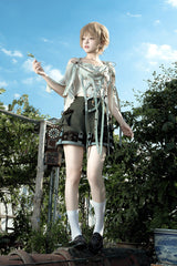 Green [Forest Guide] Square Collar Asymmetric Prince Ouji Lolita Set (Shorts + Shawl + Top) - Product - 5