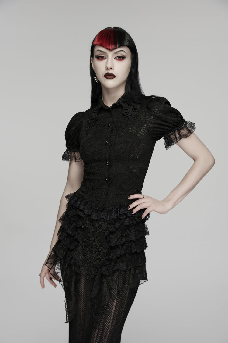 Black Lapel Collar Short Puff Sleeves Cut-Out Lace Lace-Up Slim Women's Gothic Blouse - Black - 1