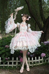 Pink [Spring Entwined with Cherry Clouds] Short Sleeves Embroidered Bow Lace Sweet Chinese Style Lolita Dress - Product - 10