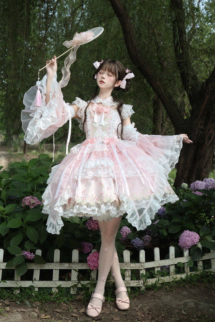 Pink [Spring Entwined with Cherry Clouds] Short Sleeves Embroidered Bow Lace Sweet Chinese Style Lolita Dress - Product - 10